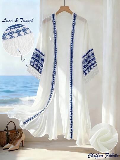 GlowEve Women's Floral Lace Trim Pattern Chiffon Casual Beach Cover Up, Versatile For Vacation, Daily Wear, Commute, Fashion, French Style, Business, Spring/Summer, 3/4 Sleeve, Lightweight Cover Up