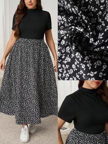 SHEIN LUNE 大码女式纯色短袖T恤搭配碎花迷你裙休闲套装，黑色碎花衬衫，情人节生日礼物，适合女性生日外出、优雅度假等场合，黑色休闲优雅款 - 彩色 - 查看 2