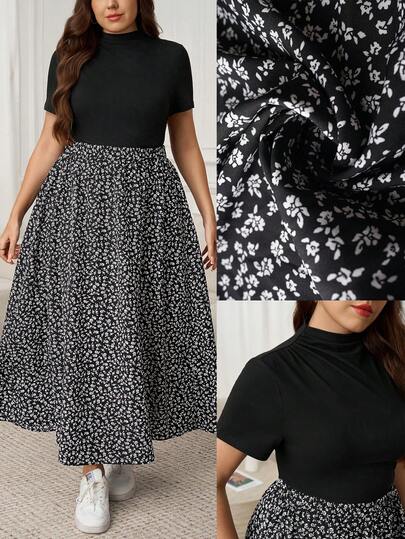 SHEIN LUNE Conjunto casual de talla grande para mujer con blusa de unicolor de manga corta y falda mini con estampado floral ditsy, ideal para San Valentín, cumpleaños, salidas, vacaciones y ocasiones elegantes