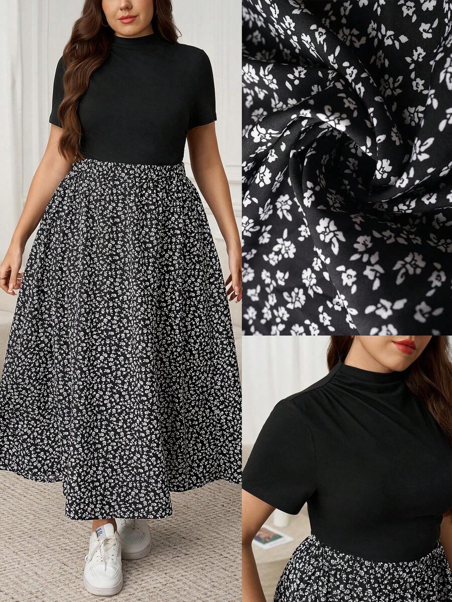 SHEIN LUNE 大码女式纯色短袖T恤搭配碎花迷你裙休闲套装，黑色碎花衬衫，情人节生日礼物，适合女性生日外出、优雅度假等场合，黑色休闲优雅款