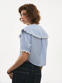 Poéselle Women's Contrast Lace Blue And White Stripe Cotton Blouse,Cottage Core Front Tie Puff Sleeve Cropped Summer Top For Date Night,Elegant Vacation Beach - Blue - View 8