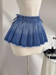 Elamini Chân váy denim xếp ly dáng chữ A, gấu váy tua rua, phong cách thường ngày dành cho nữ. - Rửa trung bình - Xem 7