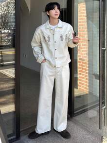 DAZY Embroidered Pattern Washed Beige Men's Jacket Set, Spring/Autumn - Apricot - View 5