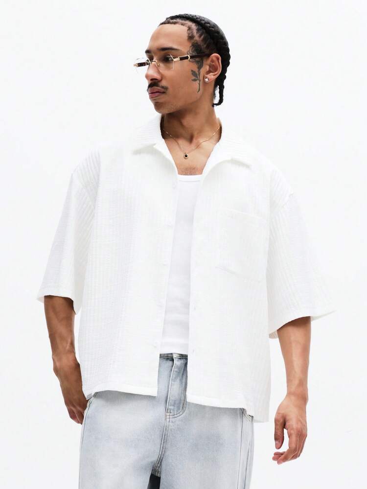 Boxy Fit Textured Shirt With Spread Collar