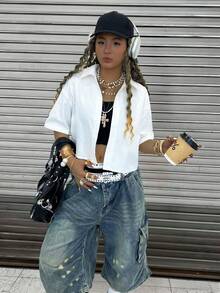 Rovax Women's Letter Print White Casual Versatile Short Sleeve Shirt