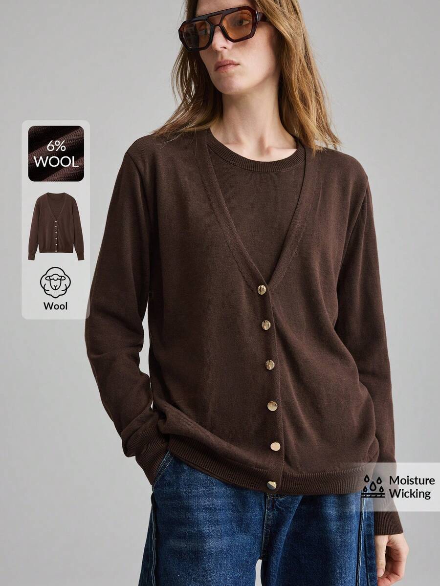 Ontre 女士棕色舒适柔软纱线二合一设计前开襟毛衣，现代都市休闲商务风，低调复古，高品质通勤机场休闲毛衣上衣，舒适柔软针织开衫，秋冬季四季必备单品