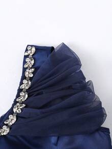 Pitira 少女藏蓝色纯色网纱拼接水钻装饰腰部修身A字连衣裙，适合晚宴、婚礼等场合 - 寶藍色 - 查看 4