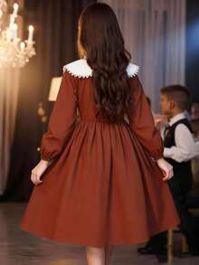 SHEIN Girls' Sweet & Cute Embroidered Collar Dress, Suitable For Commute, Daily, Holiday, Party - Brown - View 2