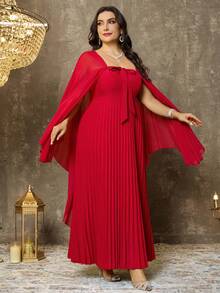 EMERY ROSE Plus Size Women's Elegant Solid Color 2-Piece Set, Chiffon Shawl Collar Lightweight Mid-Length Pleated Hem Dress & Cover Up Set, Suitable For Parties And Romantic Dates - Pink - View 4