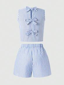 SHEIN 两件套少女休闲日常蓝色条纹蝴蝶结露背背心和短裤套装 - 藍色 - 查看 3