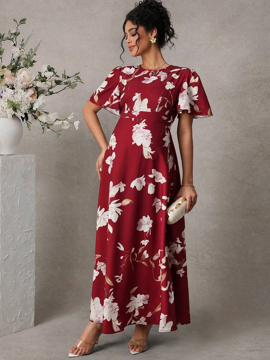 Momance Vestido de maternidad elegante y romántico con cuello redondo, mangas con volantes y estampado digital ajustado - Rojo - Ver 1