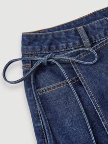 SHEIN MOD Women's Asymmetric Hem Casual Denim Skorts With Side Tie - Blue - View 5