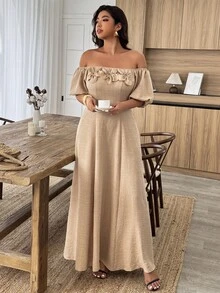 SHEIN LUNE Robe casual grande taille de couleur unie avec épaule asymétrique et décoration florale 3D - Kaki - Voir 6