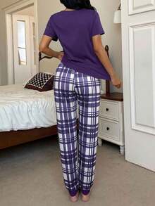 爱心印花短袖上衣和格子印花长裤女士睡衣套装，休闲款 - 紫色 - 查看 2