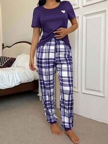 爱心印花短袖上衣和格子印花长裤女士睡衣套装，休闲款 - 紫色 - 查看 3