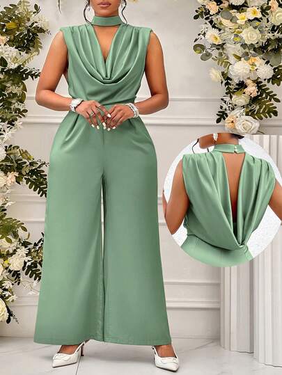 SOLERSUN Plus-Size Women's Fashionable Solid Color Jumpsuit For Spring And Summer, Featuring A Backless Design, Halter Neckline, And Wide Legs. Suitable For Occasions Such As Weddings, Graduations, Parties, Dates, Cocktail Parties, Shopping, Commuting, And Vacations.