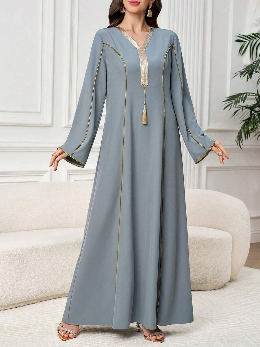 Al Najma Women's Elegant Arabic Style V-Neck Long Sleeve Dress With Ribbon Trim - Green - View 1