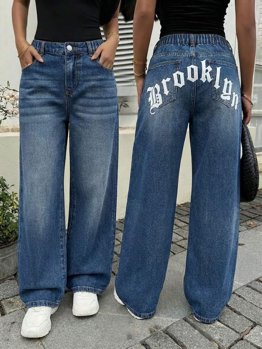少女都市风深色字母印花阔腿牛仔裤，时尚设计，适合上学、休闲、户外活动等场合。 - 藍色 - 查看 1