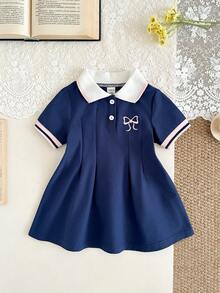 SHEIN 1pc Infant Girls' White Casual Dress, Ribbed Collar & Cuffs, Suitable For Casual Wear, Outdoor, Sports, And Parties - Navy Blue - View 3