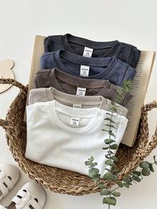 SHEIN 10件套婴儿男女童夏季套装 - 灰色、黑色、浅绿色、天蓝色，宽松圆领短袖上衣和短裤，无腰带环，简约风格，柔软针织面料，适合婴幼儿日常穿着、户外玩耍和居家穿着。