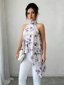 Breezaya Áo khoác mùa hè cho nữ, kiểu cổ yếm, hở lưng, thắt nơ, chất liệu chiffon, họa tiết hoa màu nước, cổ đứng, vạt áo bất đối xứng, kiểu dáng suông, thanh lịch, thoải mái, thích hợp cho kỳ nghỉ hoặc hẹn hò. - Màu tím - Xem 5