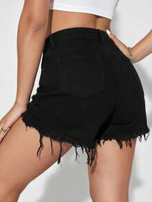 Rivivi 女士休闲做旧毛边牛仔短裤，带口袋 - 黑色 - 查看 4