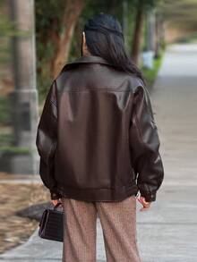 Durrani Popal Women's Retro Oversized Lychee Grain PU Leather Jacket - Brown - View 2