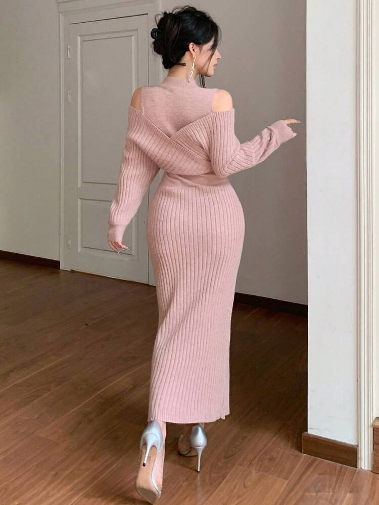 Women's Elegant Minimalist Fashion Knit Midi Dress, Loose Casual Business Office Commute Wear, Autumn/Winter Sweater Dress