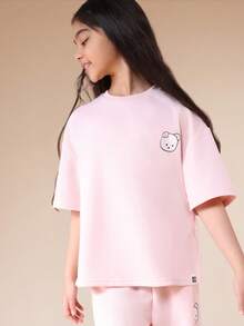 SUMWON Bear Graphic Short Sleeve T-Shirt And Wide Leg Pants Set With Motivational Text Print Casual Co-Ord - Baby Pink - View 3