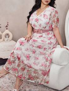 Modelyn Plus Size Lace Print Short Sleeve A-Line Bowknot Dress - Multicolor - View 6