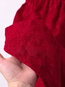 SHEIN Tween Girl Red Solid Color Short Sleeve Mini Dress, Red Dress, Beaded Puff Sleeve Backless Bow Design, Casual, Graduation, Outfit - Red - View 6
