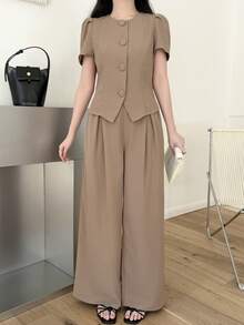 SHEIN Setelan 2 Potong Atasan Lengan Pendek dan Celana Panjang Lebar Warna Cokelat Kopi untuk Remaja Perempuan, Elegan & Serbaguna untuk Beraktivitas Sehari-hari, Musim Semi/Panas - Coffee Brown - View 3