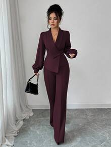 SHEIN Elenzya Bộ quần ống loe dáng chữ A, dáng suông, màu trơn, cổ bẻ không đều, thanh lịch, thoải mái khi đi làm, đi nghỉ, tiệc trà chiều dành cho nữ, phù hợp cho mùa xuân, thu, đông - Màu Tím - Xem 7