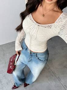 Almamuse Áo kiểu ren tay dài cổ nơ ruy băng dành cho nữ, cổ vuông. - Màu be - Xem 5