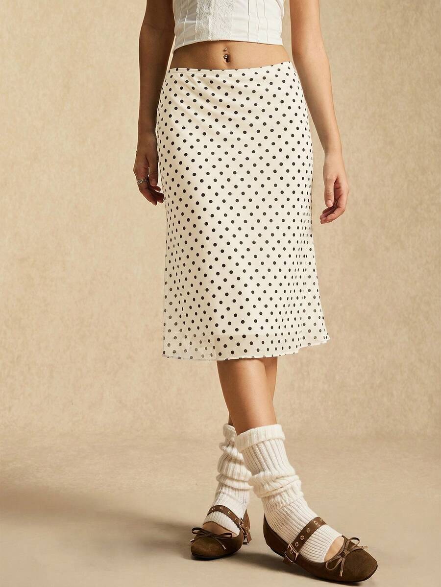 Easelle 咖啡棕色网眼波点女士休闲夏季半身裙 - 杏色 - 查看 1