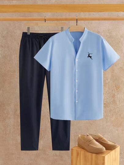 HIMLAND 男士休闲鹿纹印花短袖衬衫和裤子套装