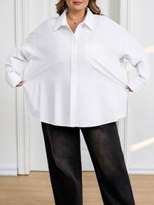 SHEIN CURVE+ 大码休闲百搭纯色衬衫 - 白色 - 查看 5
