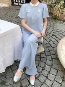 少女蝴蝶装饰圆领短袖衬衫和裤子优雅套装 - 黑與白 - 查看 6