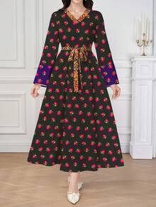 SHEIN Najma 女士花卉藤蔓数码印花撞色V领长袖优雅阿拉伯风格长款连衣裙，春季 - 彩色 - 查看 4
