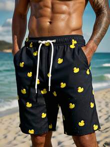 Manfinity Swimmode Men's Cartoon Duck Print Drawstring Waist Pocket Casual Beach Shorts Men Swim Trunks Funny Duck Swim Trunks Swim Trunks Men Mens Swim Shorts Men Beach Shorts,Summer Holiday Mens Duck Swim Trunks Mens Beach Shorts Mens Swim Trunks Funny Men Swim Shorts Duck Funny Swim Shorts - Black - View 3