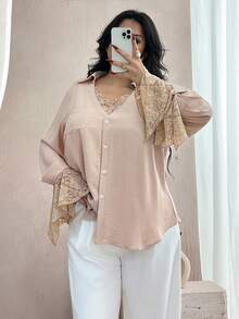 Modelyn Camisa holgada de encaje y parches, adecuada para uso diario en primavera y otoño, talla grande - Caqui - Ver 1