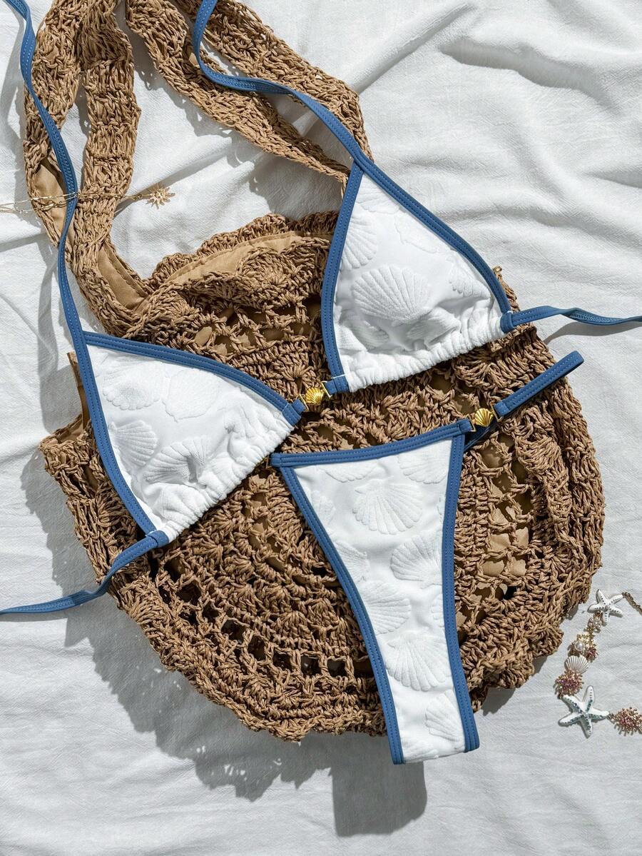SHEIN Swim 歐美新款性感比基尼套裝女款,綁帶貝殼裝飾三件式泳衣,性感繃帶丁字褲比基尼 - 白色 - 查看 1