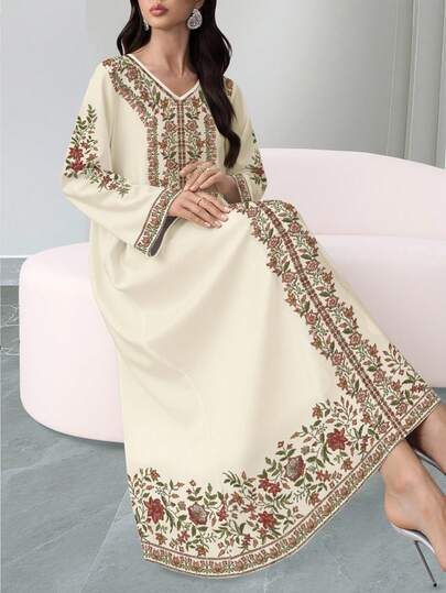 SHEIN Najma Đầm maxi dài tay cổ chữ V kiểu Ả Rập thanh lịch dành cho nữ, in họa tiết hoa lá, thích hợp cho mùa xuân/thu.