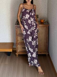 DAZY Floral All-Over Print Loose Women's Sleepwear Jumpsuit - Purple - View 8