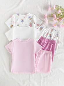 SHEIN Vintaside Kids 6件套女婴新生儿幼儿0-3岁春夏新款可爱兔子纯色条纹T恤短裤套装 - 彩色 - 查看 2