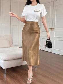 DAZY Bộ đồ nữ thanh lịch gồm áo thun và chân váy phối màu tương phản, kiểu dáng patchwork, thích hợp cho mùa hè, tiệc cưới, hoặc mặc nhà. - Vàng - Xem 5