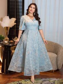 Modelyn Plus Size Women Elegant Embroidered Cinched Waist Dress - Blue - View 1