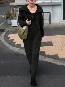 FRIFUL Women's Solid Color High Neck Dropped Shoulder Long Sleeve Loose Casual Versatile Long Straight Sweater Dress, Autumn/Winter - Black - View 2