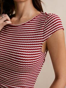 Poéselle 女士条纹罗纹针织T恤，红白条纹，Y2K时尚，休闲沙滩装，条纹圆领短袖修身休闲百搭T恤 - 彩色 - 查看 5