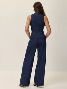 Poéselle 女士单排扣圆领牛仔背心和牛仔裤休闲套装 - 深色水洗藍 - 查看 4